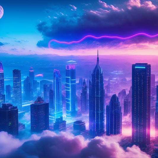A futuristic, neon-lit cityscape with towering skyscrapers shaped like AWS logos, surrounded by swirling clouds of 1s and 0s, with cheat sheets and diagrams floating in mid-air.