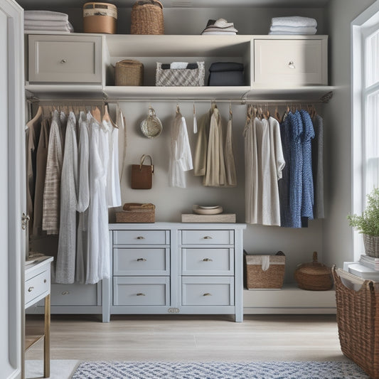 A serene, organized closet interior with soft, warm lighting, featuring a mix of shelves, drawers, and hanging rods, showcasing a harmonious blend of storage bins, baskets, and stylish clothing.