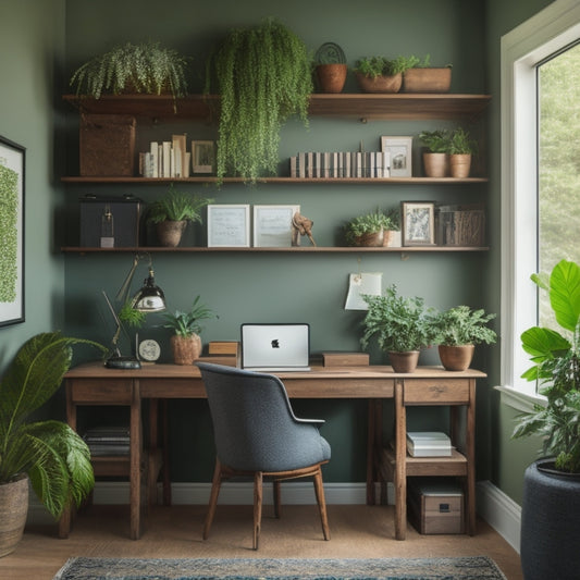 A serene, clutter-free home office with a tidy desk, organized bookshelves, and a minimalist bulletin board, surrounded by lush greenery and a few carefully placed decorative objects.