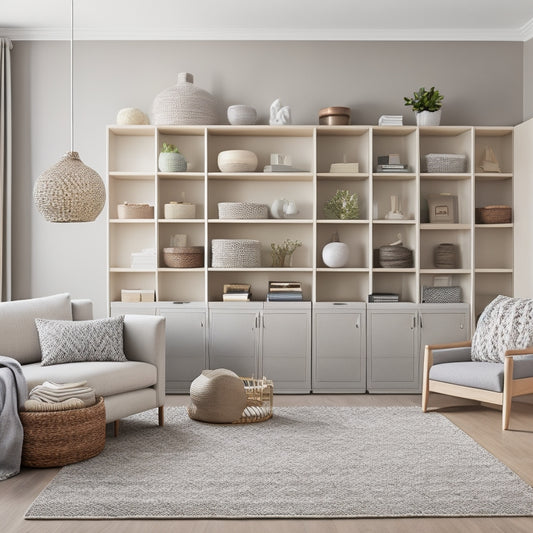 A clutter-free, minimalist living room with a Murphy bed, hidden storage ottomans, and a floor-to-ceiling shelving unit with woven baskets and decorative vases, set against a calming, light-gray background.
