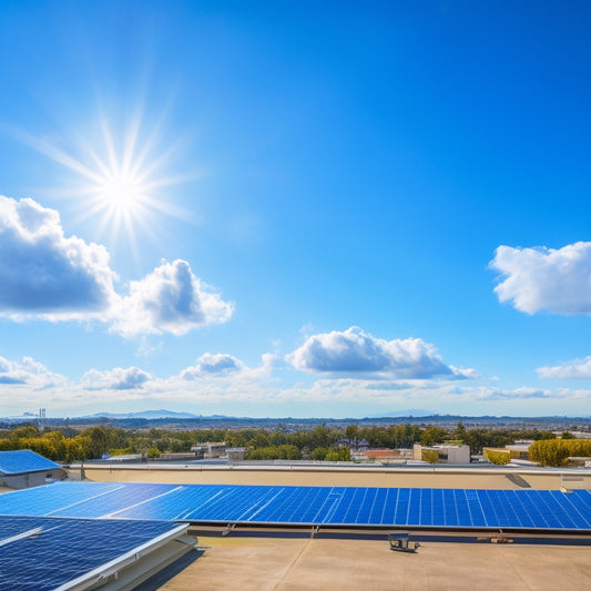 A sunny day in San Mateo with a bright blue sky, fluffy white clouds, and a rooftop covered in sleek, black solar panels, with a subtle glow effect emanating from them.