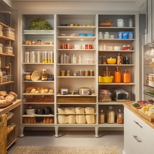 A modern kitchen with a sleek, open pantry featuring a tablet mounted on the wall, surrounded by neatly arranged jars and baskets with labels, and a robotic arm assisting with inventory management.