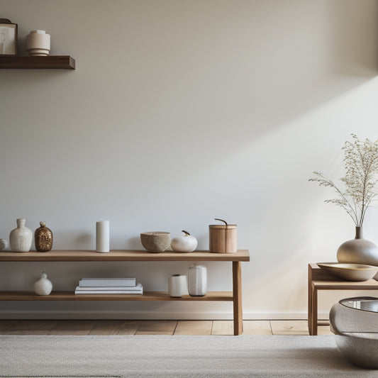 A serene, minimalist living room with a few, carefully selected items on a shelf, surrounded by empty space, with a subtle Japanese-inspired aesthetic and a hint of natural light.
