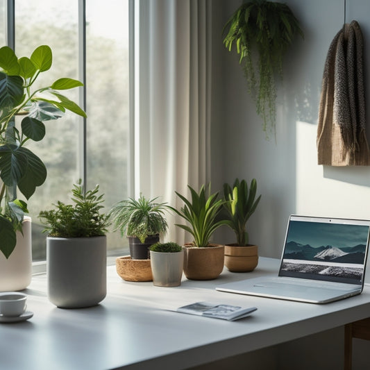 A serene, minimalist room with a tidy desk, a few organized folders, and a laptop displaying a decluttering template on the screen, surrounded by a few potted plants and a subtle natural light.