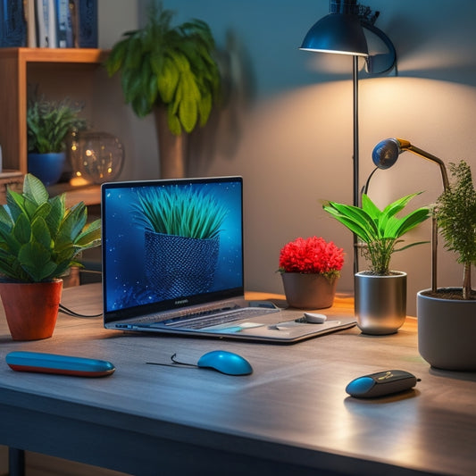 A tidy, well-lit home workspace with a sleek, silver laptop, a wireless keyboard, and a minimalist desk lamp, surrounded by a few, carefully-placed, colorful pens and a small, potted plant.