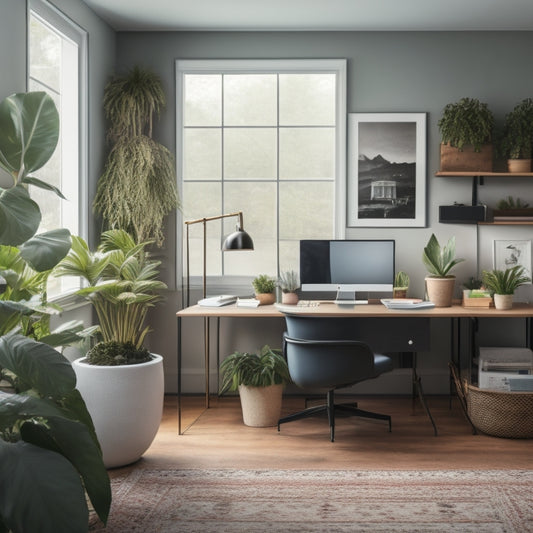 A modern, clutter-free home office with a sleek desk, ergonomic chair, and a large monitor displaying a calendar app, surrounded by a few potted plants and a minimalist shelving unit.