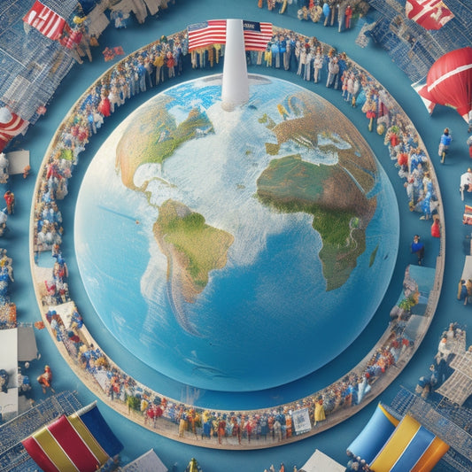 An illustration of a globe with puzzle pieces fitting together, surrounded by diverse flags and safety cones, featuring a subtle background of people from different cultures and ages working together harmoniously.