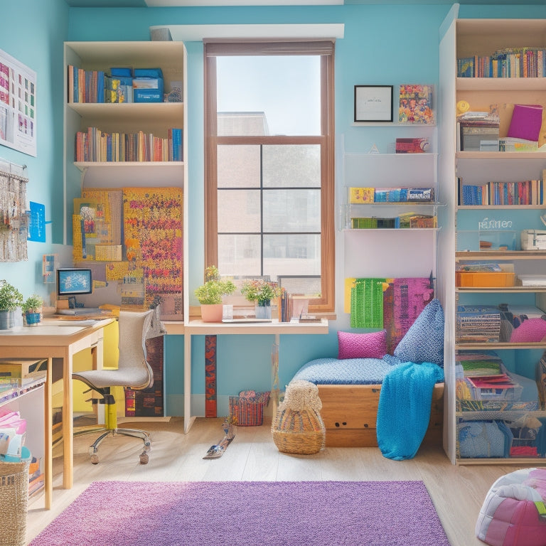 A clutter-free, organized dorm room with a lofted bed, storage bins labeled with colorful stickers, a desk with a stack of textbooks and a laptop, and a pegboard with hooks holding a backpack and other essentials.