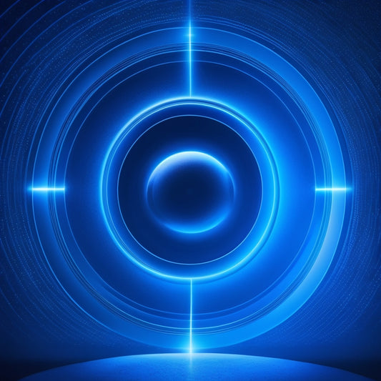 A futuristic, minimalist illustration featuring a stylized, glowing Microsoft logo at the center, surrounded by orbiting circles and arcs in shades of blue, symbolizing innovation and connectivity.