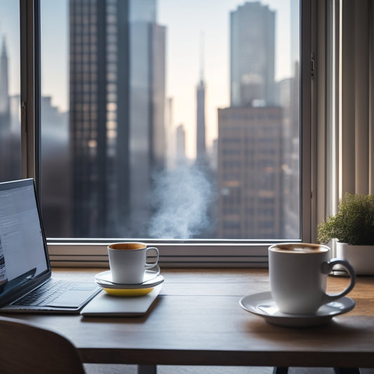 A serene morning scene with a clean desk, a steaming cup of coffee, a partially open laptop, a smartphone with a morning routine app open, and a subtle cityscape outside the window.