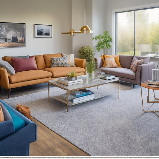 An open, modern living room with a coffee table featuring a sleek, personalized home brochure, surrounded by scattered floor plans, colorful pens, and a laptop with a design software screen.