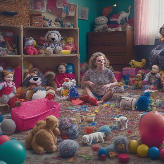 A cluttered playroom with toys scattered everywhere, a tipped-over toy box, and a frazzled mother sitting amidst the chaos, surrounded by blocks, dolls, and stuffed animals, with a stressed expression.