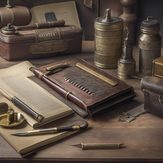 A vintage-style illustration of a repairman's workstation, featuring a disassembled fountain pen, scattered tools, and a worn leather-bound manual with a golden Sheaffer's logo embossed on the cover.