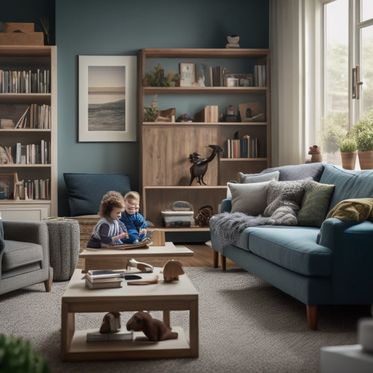 A serene living room with a tidy play area, toys and books arranged on a wooden shelf, a minimalist desk with a calendar and a few framed family photos, and a calm parent reading with a child on a couch.