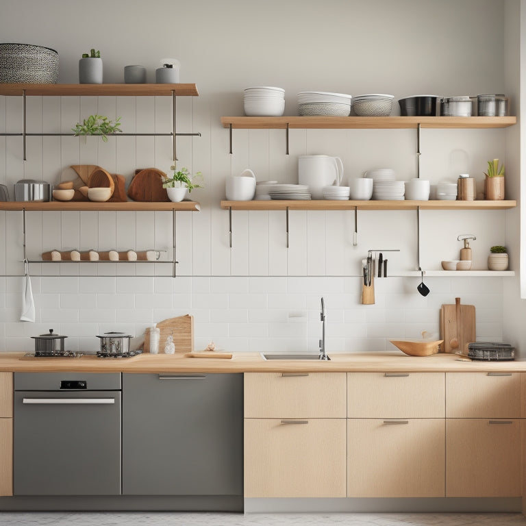 A minimalist kitchen with sleek, handle-less cabinets, a compact island with built-in utensil organizers, and a pegboard on the wall holding pots, pans, and utensils, surrounded by natural light.