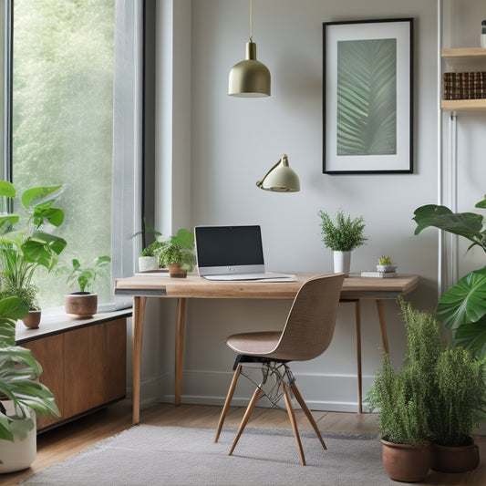 A clutter-free home office with a sleek, wooden desk, a minimalist chair, and a few, carefully-placed, modern digital devices, surrounded by subtle, calming plants and a hint of natural light.