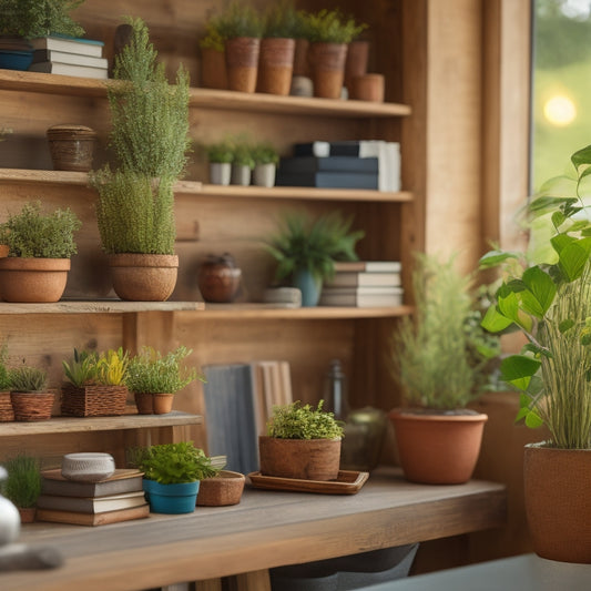 A tidy, well-lit room with DIY shelves made of reclaimed wood, holding neatly organized books, decorative vases, and potted plants, surrounded by a calm, natural background with subtle greenery.