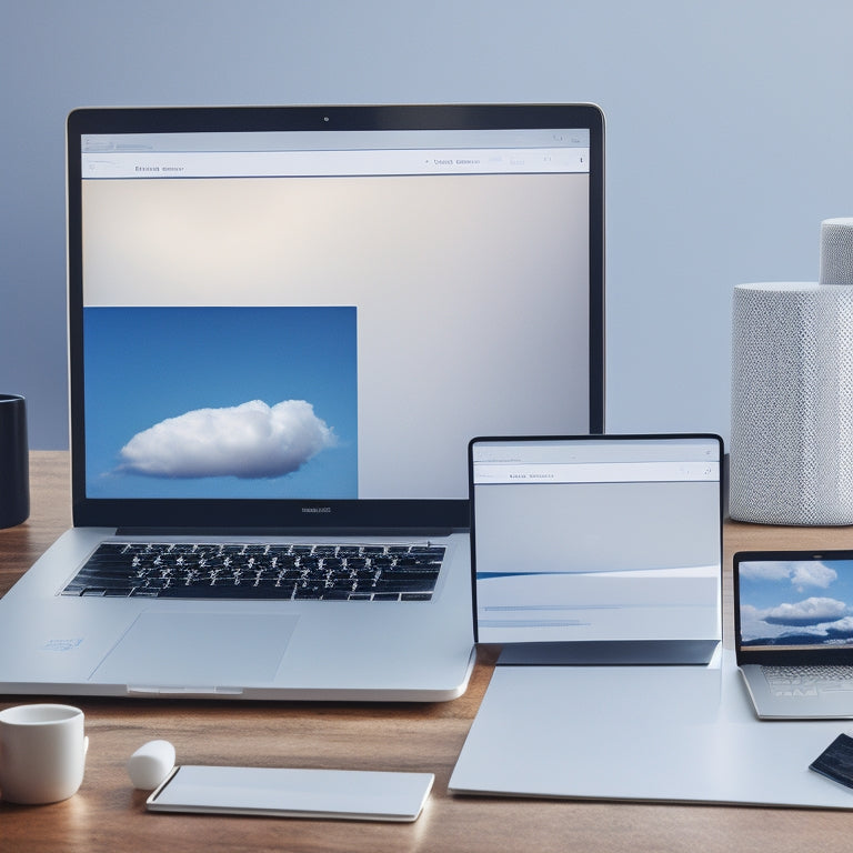 A minimalist illustration featuring a laptop with a organized desktop, multiple folders and files neatly categorized, and a few icons representing cloud storage services, set against a clean and modern background.