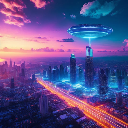 An illustration of a futuristic, high-tech cityscape at sunset, with sleek skyscrapers and neon lights, featuring a large, glowing Azure cloud in the center, surrounded by tiny, moving devices and arrows.