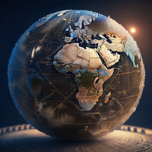 A stylized globe with interconnected lines and nodes, surrounded by orbiting gears, cogs, and puzzle pieces, conveying global connection, innovation, and seamless integration.