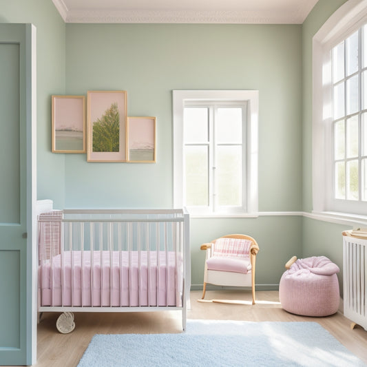 A serene, minimalist nursery with a crib, changing table, and plush area rug, surrounded by pastel-hued walls, natural light pouring in through a large window with white shutters.