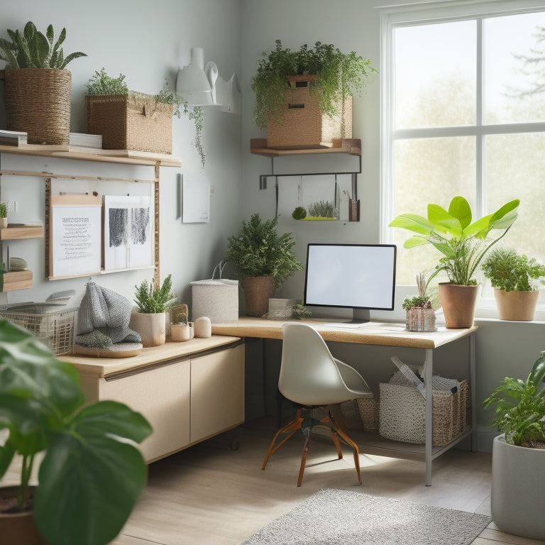 A tidy, minimalist room with a few strategically placed storage bins, a labeled pegboard, and a clutter-free desk, surrounded by calming plants and soft, natural light.