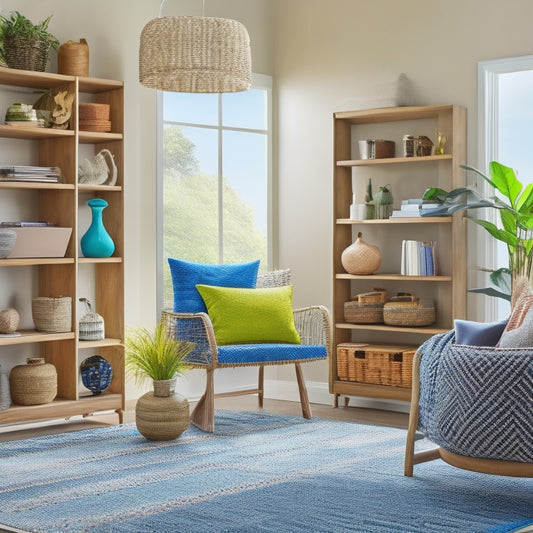 A bright, modern living room with colorful woven baskets, a geometric-patterned rug, and a sleek, wall-mounted shelving unit showcasing decorative vases and books, amidst a background of soft, natural light.