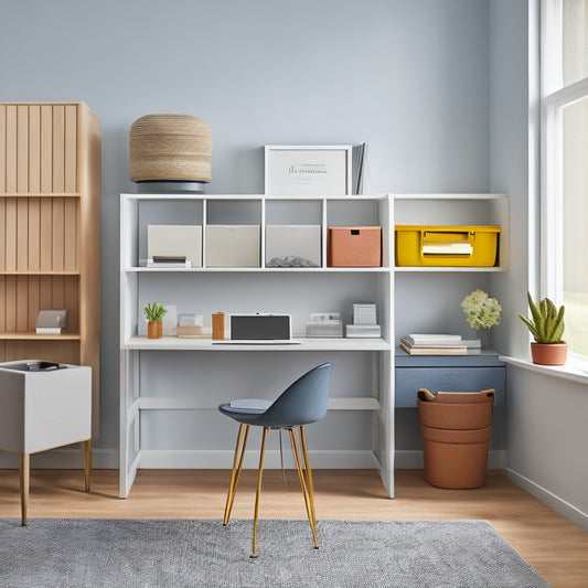 A tidy, minimalist home office with a compact desk, a single, ergonomic chair, and a few, carefully selected, colorful storage bins and baskets against a calming, light-gray background.