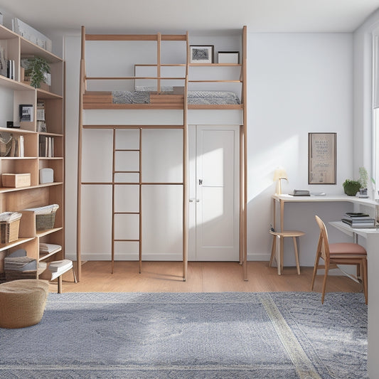 A tidy, minimalist room with a murphy bed, a compact desk, and a ladder leading to a lofted storage area filled with wicker baskets and rolled-up rugs.