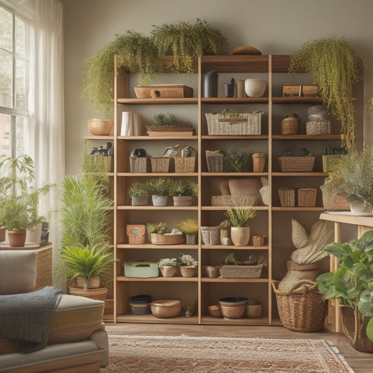 A tidy, well-organized home interior with a wooden shelving unit in the center, holding various storage bins and baskets, surrounded by a few neatly arranged books and decorative plants.