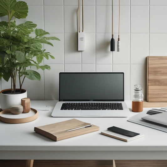 A minimalist, modern workspace with a sleek laptop, a tidy cable organizer, and a few neatly arranged folders, surrounded by a subtle, calming greenery on a light wood desk.