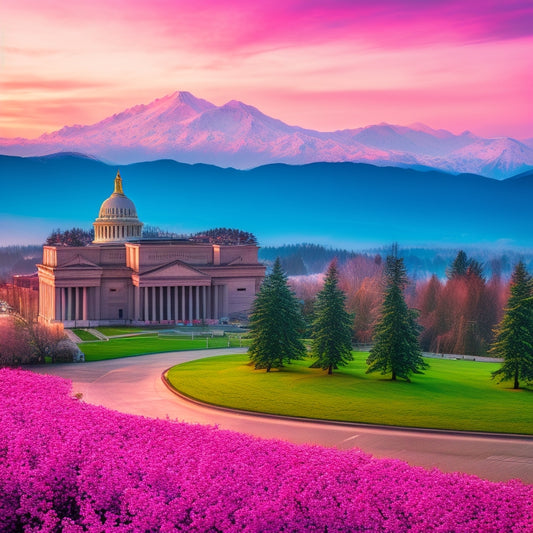 A serene landscape of the Washington State Capitol building at dawn, with the Olympic Mountains in the distance, surrounded by blooming cherry blossom trees and a subtle grid of roads and buildings.
