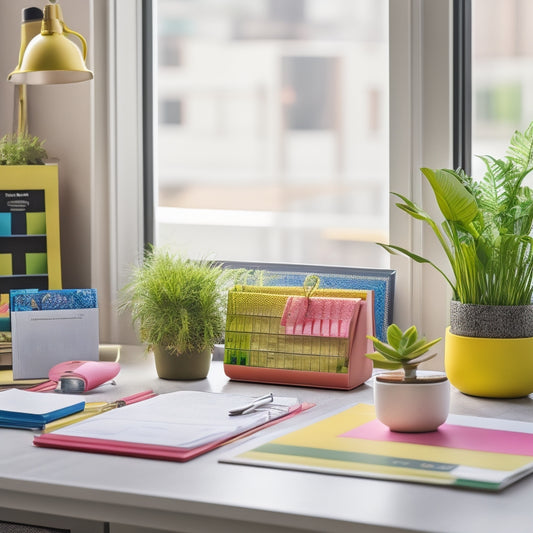 A colorful, modern desk with a tidy arrangement of printables, including a calendar, to-do list, and goal setting worksheet, surrounded by sleek office supplies and a few potted plants.