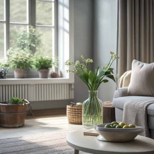 A serene and tidy living room with a few strategically placed cleaning tools, a vase with fresh flowers, and a subtle hint of natural light filtering through the blinds.