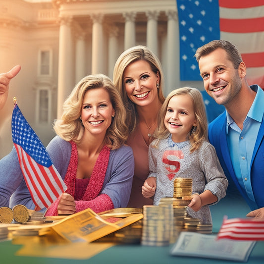 An illustration of a smiling family of four with a piggy bank, coins, and a few hundred-dollar bills scattered around them, surrounded by a subtle background of government buildings or American flags.