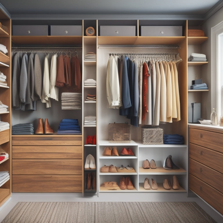 A tidy closet with a single rod cluttered with garments, contrasted with an identical closet featuring double rods, showcasing doubled storage capacity with neatly organized clothes and ample floor space.