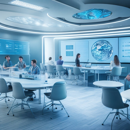 A futuristic classroom with sleek, silver tables and chairs, surrounded by floor-to-ceiling screens displaying 3D virtual labs, robotics, and virtual reality headsets worn by engaged students.