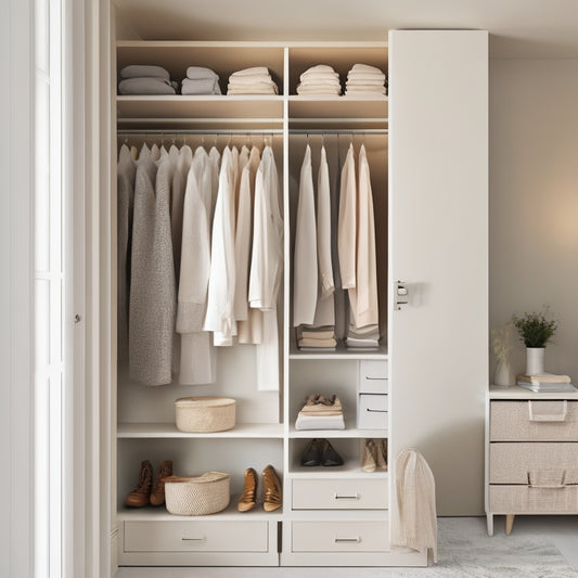 A serene, minimalist closet with a light gray wall, creamy white shelves, and a soft, warm glow, featuring a few, strategically-placed garments and a few well-designed storage bins.