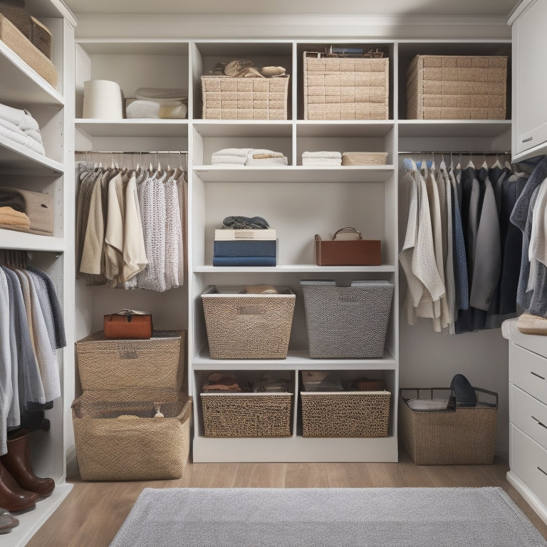 A tidy closet interior with various small, transparent storage bins and baskets of different shapes and sizes, arranged on shelves and in cubbies, with a few clothing items and accessories neatly stored inside.