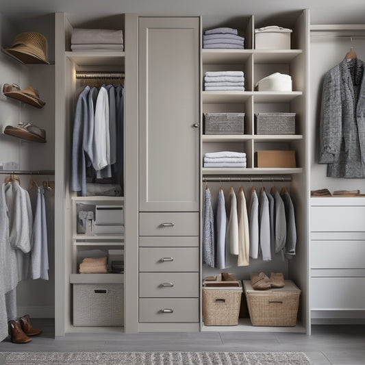 A serene, well-lit small closet with a minimalist aesthetic, featuring a combination of shelves, drawers, and rods, showcasing organized clothing, shoes, and accessories in a harmonious, clutter-free space.