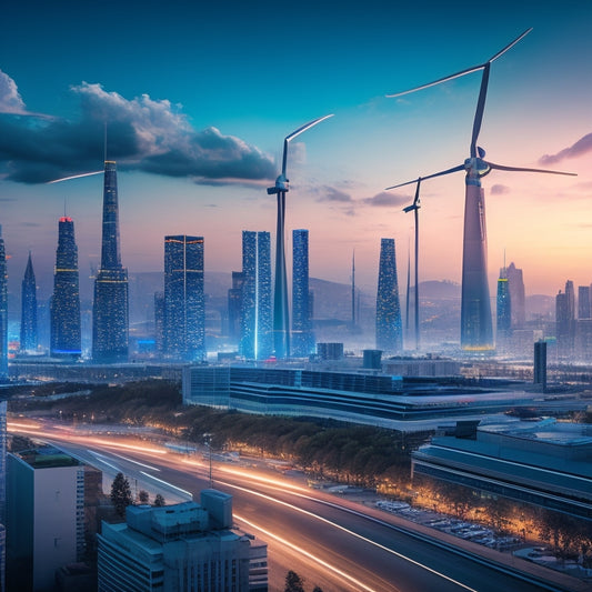 An illustration of a futuristic cityscape at dusk, with sleek skyscrapers and wind turbines, powered by rows of sleek, silver lead batteries humming with blue electricity in the foreground.