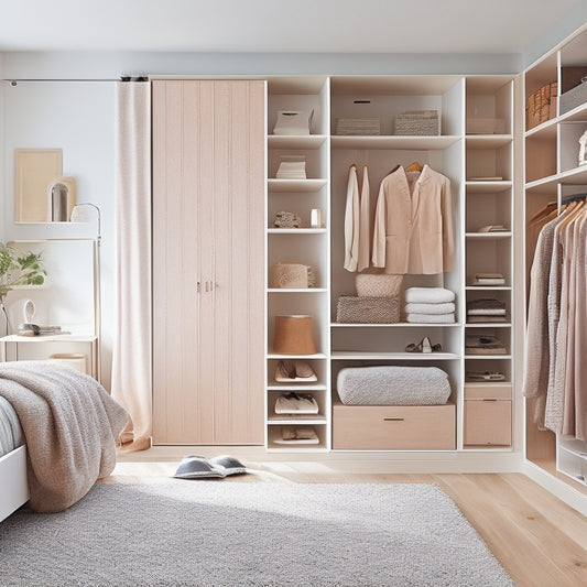 A bright, modern bedroom with a floor-to-ceiling custom closet organizer system featuring wooden shelves, drawers, and rods in a warm beige tone, surrounded by elegant white walls and soft natural light.