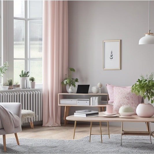 A serene, minimalist living room with a few, carefully selected decorative items, a laptop open on a tidy desk, and a calm, organized background with pastel colors and natural light.