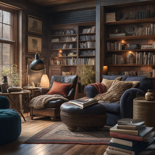 A cozy, inviting room with floor-to-ceiling bookshelves made from repurposed wooden crates, a plush armchair, and a vintage reading lamp, surrounded by scattered pillows and soft, warm lighting.