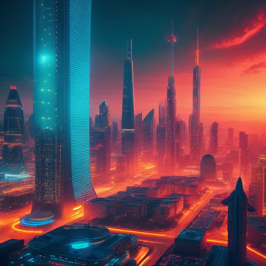 A futuristic cityscape at dusk with sleek skyscrapers and neon lights, featuring a massive rocket ship blasting off from the central square, leaving a trail of glowing code and circuitry patterns in its wake.