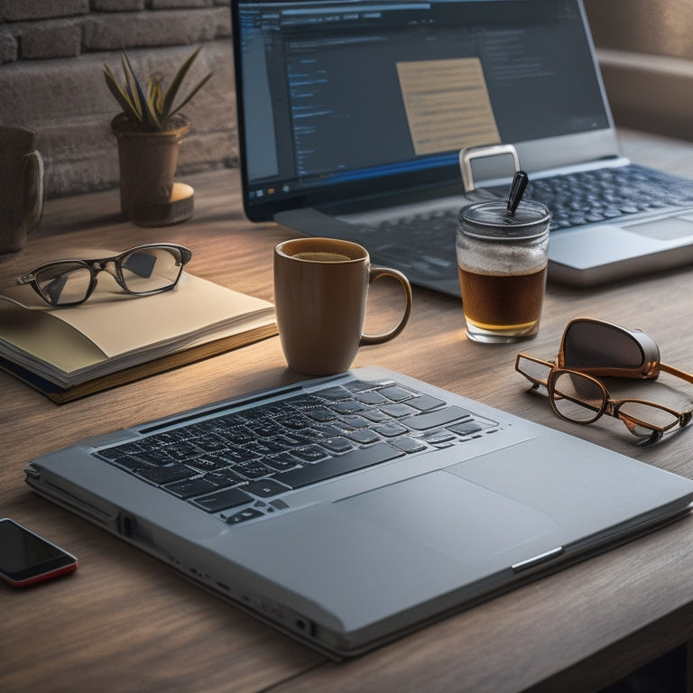 A serene and organized digital workspace: a laptop with a tidy desktop, a few neatly labeled folders, a cup of coffee, and a pair of reading glasses resting on a notebook with a few scribbled notes.