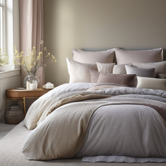 A serene bedroom scene featuring five duvet covers with varying patterns, textures, and colors, artfully draped across a plush bed, with a few scattered pillows and a subtle morning light.
