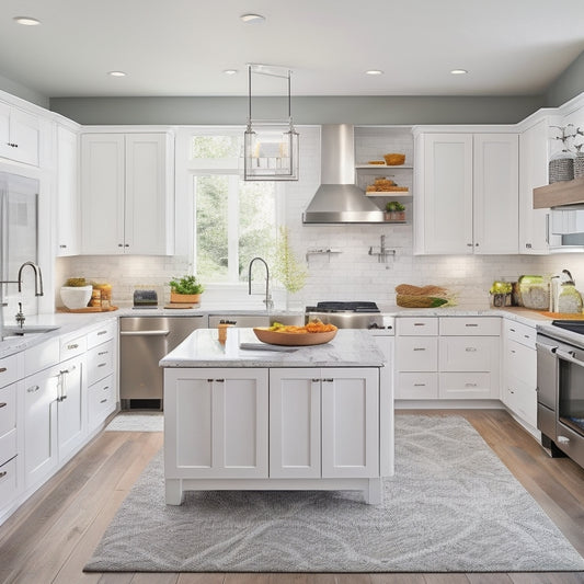 A bright, modern kitchen with sleek white cabinets, stainless steel appliances, and a large island featuring built-in drawers, baskets, and a utensil organizer, showcasing a clutter-free and functional space.