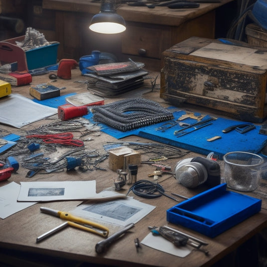 A cluttered workshop table with scattered instruction manuals of varying sizes and colors, surrounded by tools, wires, and components, with a few open manuals revealing intricate diagrams and illustrations.