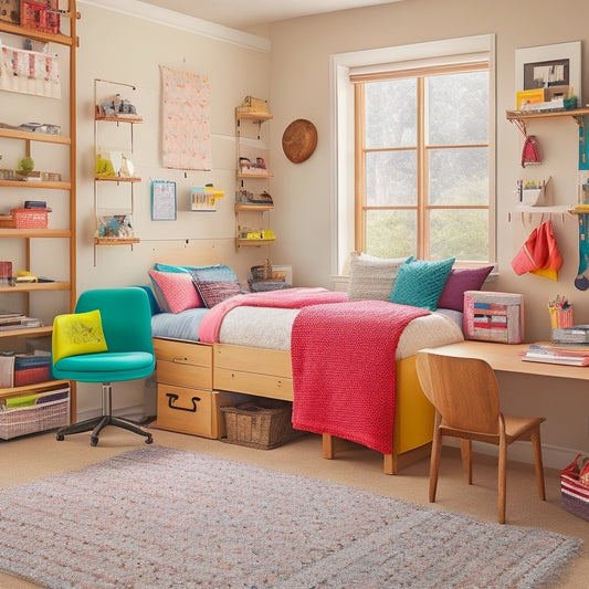 A clutter-free college dorm room with a lofted bed, storage bins under the bed, a pegboard on the wall with hanging accessories, a desk with a organized supply caddy, and a colorful rug.